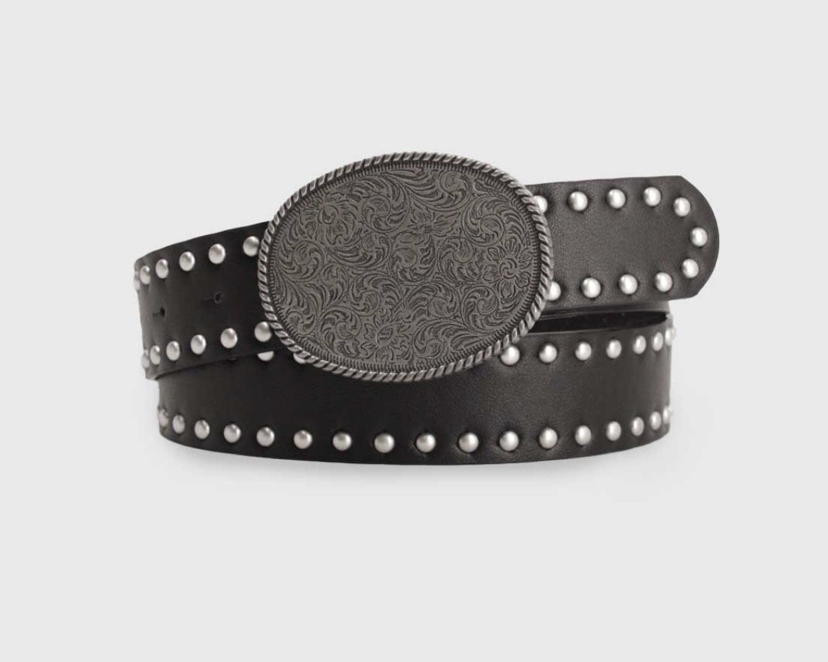 Cinturón Boho hebilla Grabada con tachas - Negro plateado